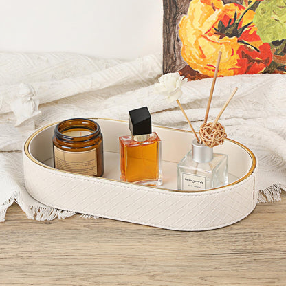 Hipiwe PU Leather Valet Tray with Gold Line Perfume Vanity Tray Catchall Tray for Jewelry Trinket Oval Bedside Nightstand Organizer for Home Decor, White