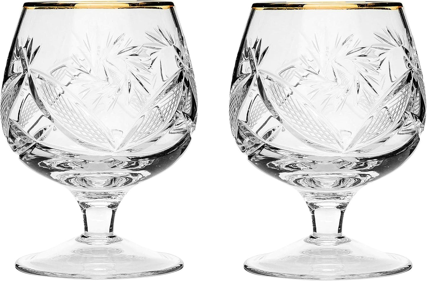 Set of 2 Vintage Hand Made Crystal Glasses, 24K Gold Rim Brandy & Cognac Snifter Old-Fashioned Glassware