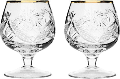 Set of 2 Vintage Hand Made Crystal Glasses, 24K Gold Rim Brandy & Cognac Snifter Old-Fashioned Glassware