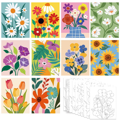 Nuberlic 10 Packs 8X10 Pre Drawn Canvas for Painting Floral Pre Printed Canvas Painting Kit Vibrant Botanical Pre Drawn Canvas to Teens Night Party Supplies