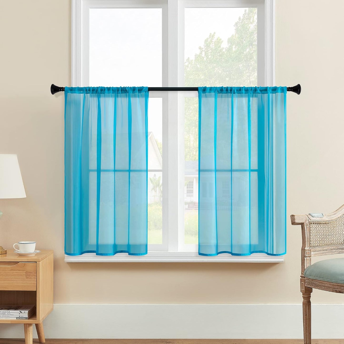 MRTREES Short Sheer Curtains 36 inch Length Kitchen Tier Curtains, Light Filtering Rod Pocket Voile Cafe Curtains, 2