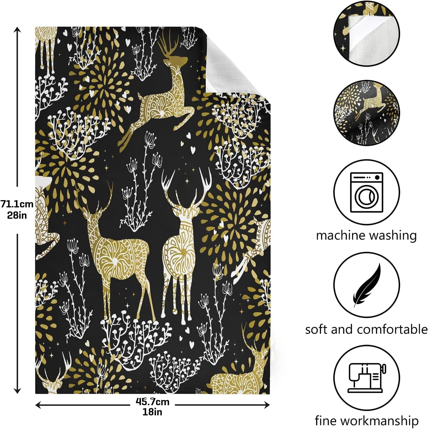 ALAZA Christmas Reindeer Gold Black Decorative Kitchen Dish Towels Set of 4, Soft Absorbent Kitchen Hand Towels, 18 x
