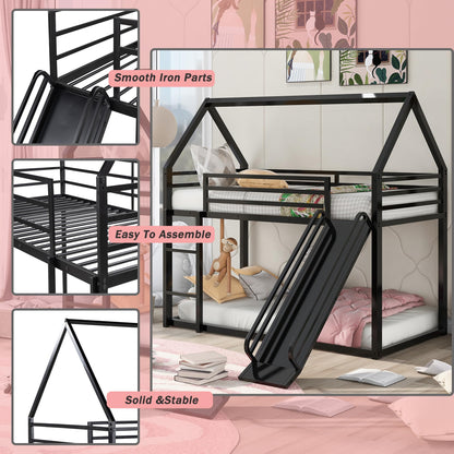 Merax Modern Twin Over Twin Heavy Steel Low Bunk Bed with Ladder and Slide, House Shaped Bunk Bed Frame with Full Lenght Guardrail, No Box Spring Needed, Space-Saving, Black