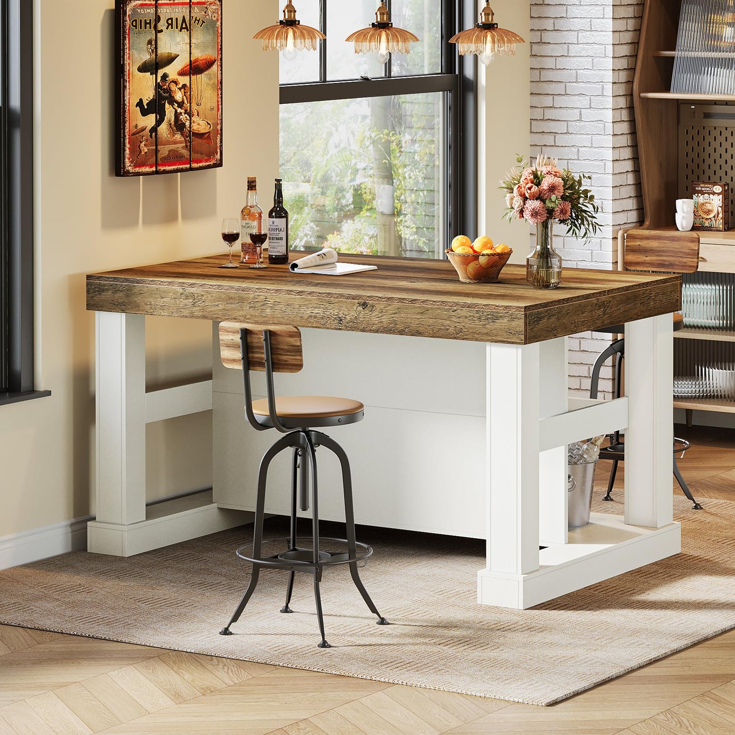 Tribesigns 55" Kitchen Island with Seating and Storage, 3-Tier Farmhouse Wood Stationary Island Table with Large Worktop & Leg Room, Coffee Bar Table with Storage Shelves for Kitchen, White and Brown