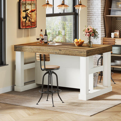 Tribesigns 55" Kitchen Island with Seating and Storage, 3-Tier Farmhouse Wood Stationary Island Table with Large Worktop & Leg Room, Coffee Bar Table with Storage Shelves for Kitchen, White and Brown