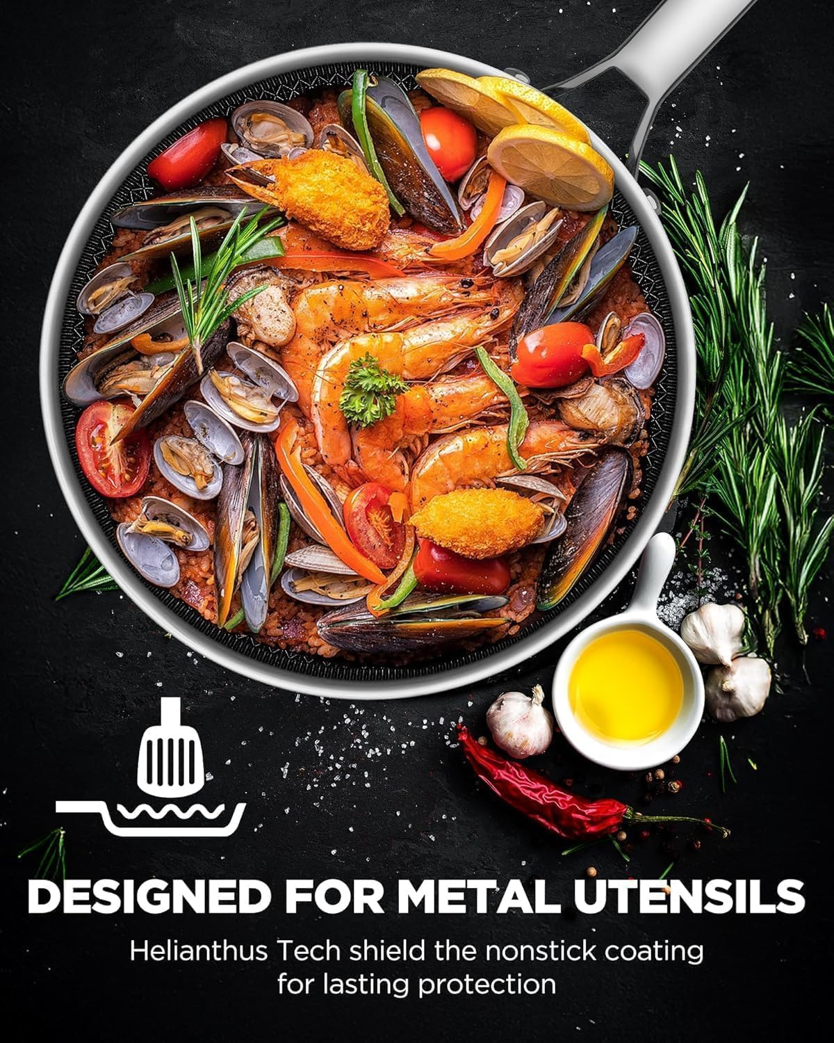 Frying Pans Non Stick, Hybrid Ceramic With Lid, 12 Inch Tri-Ply Stainless Steel Skillet, Non-Toxic, PFAS/PFOA/PTFE Free, Metal Utensil Safe, Dishwasher & Oven Safe