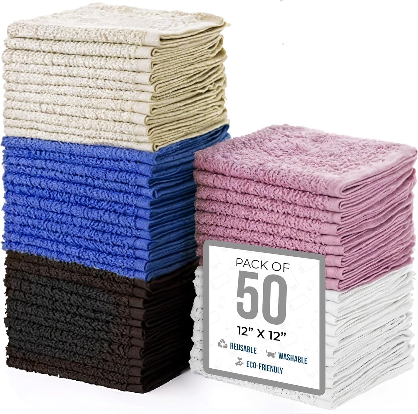 12"x12" (50 Pack) Commercial Simpli-Magic Cotton Wash Cloths Highly Absorbent Soft Towels Terry Washcloth for Face
