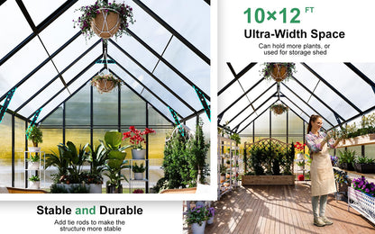 CDCASA 12.4x10.2x10 FT Greenhouse for Outdoors,Easy Assembly Large Polycarbonate Greenhouse Aluminum Heavy Duty Greenhouses w/2 Vents, Swing Door, Walk-in Green House for Patio, Backyard, Garden