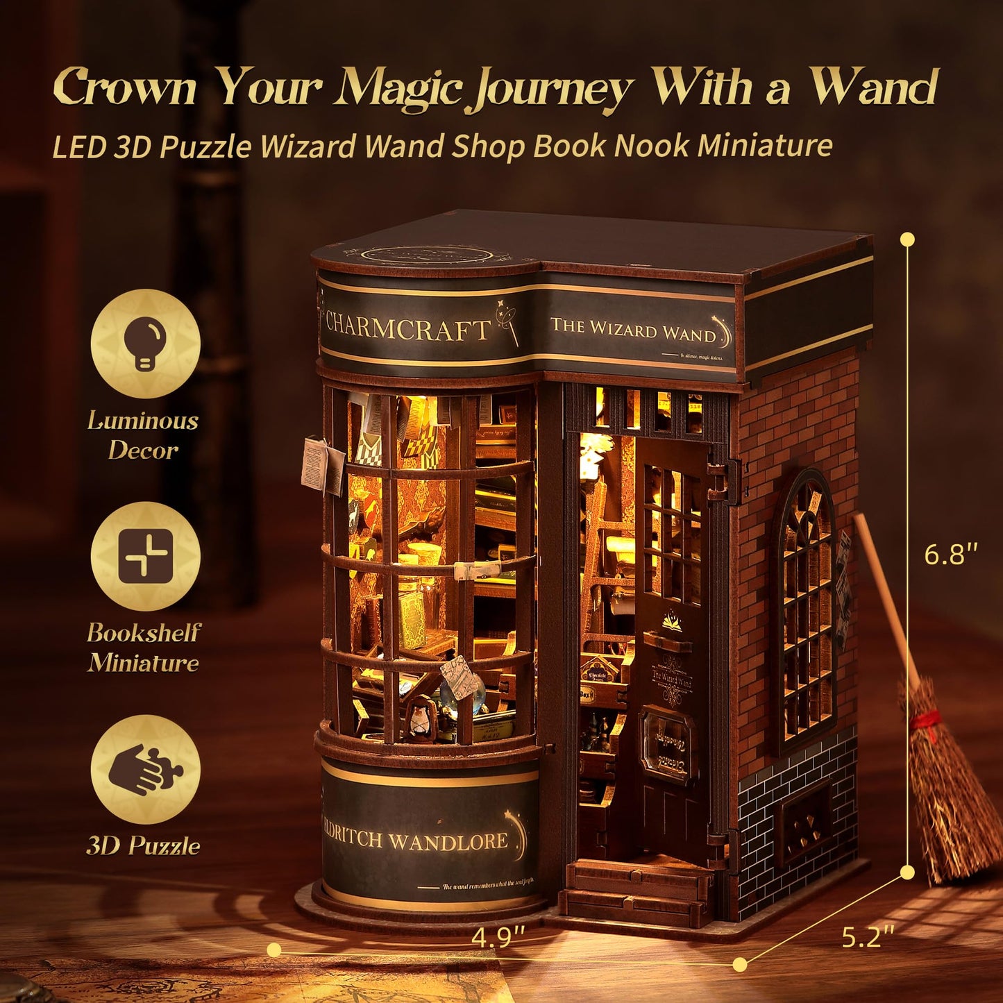 FUNPOLA 3D Wood Puzzle Wizard Wand Book Nook Kit - DIY Miniature Bookshelf Insert with LED Light - Creative Home Decor Gift for Display (Wizard Wand Shop)