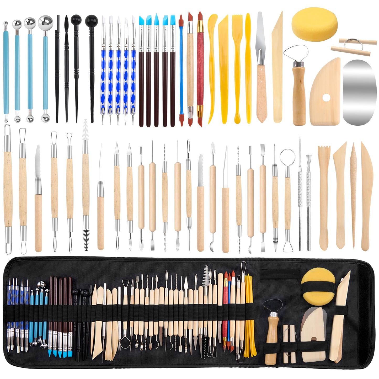 Pottery Clay Sculpting Tools Set, 61 Pcs Double Sided Ergonomically Designed Pottery Trimming Tools with Hardened Rustproof Metal Head and Carrying Case for Beginners, Professionals, School Students