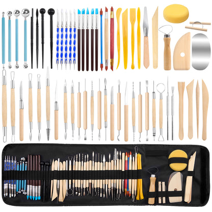 Pottery Clay Sculpting Tools Set, 61 Pcs Double Sided Ergonomically Designed Pottery Trimming Tools with Hardened Rustproof Metal Head and Carrying Case for Beginners, Professionals, School Students