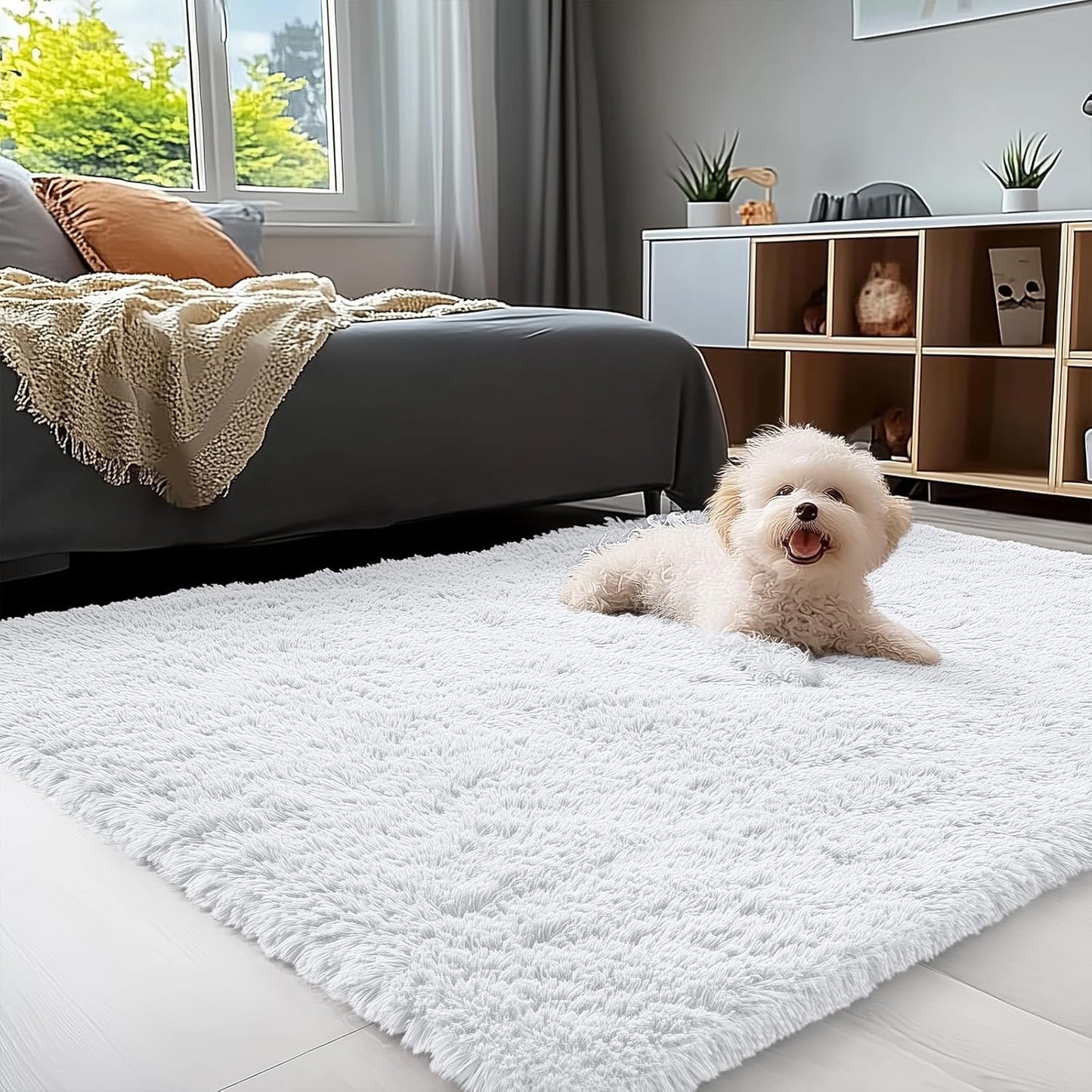OLANLY Soft Fluffy Shaggy Area Rug - 4x5 Machine Washable Accent Rug for Bedroom & Nursery | White
