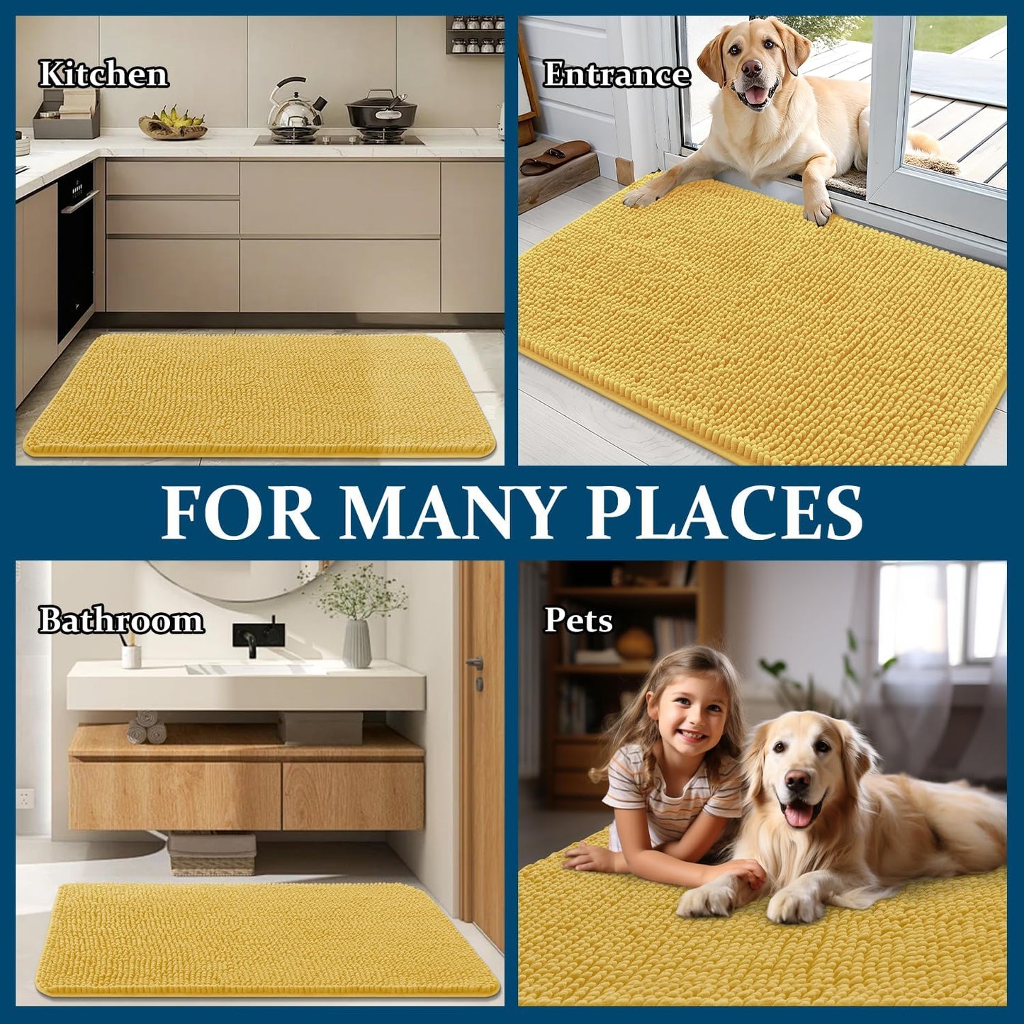 OLANLY Dog Door Mat - Absorbent Non-Slip Chenille Mat for Muddy Paws | 35x24 Inches, Yellow