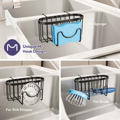 SWTYMIKI Sponge Holder for Kitchen Sink - Movable Kitchen Sink Caddy with M Shape Hook, Stainless Steel Hanging Sponges Caddy Organizer in Double Bowl Sinks Depth>3.15in, Middle Divider<1.5in, Black