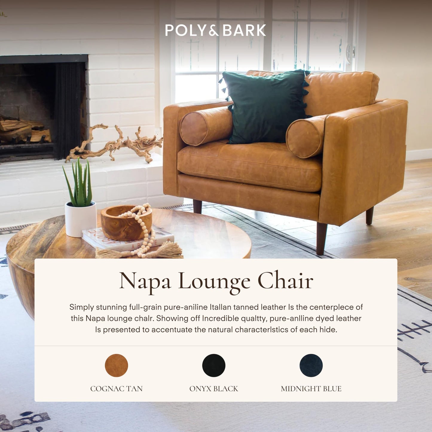 Poly & BARK Napa Leather Accent Chairs 42" – Set of 2 - Mid Century Modern Armchair with Bolster Pillows, Living Room or Bedroom Chair in Cognac Tan