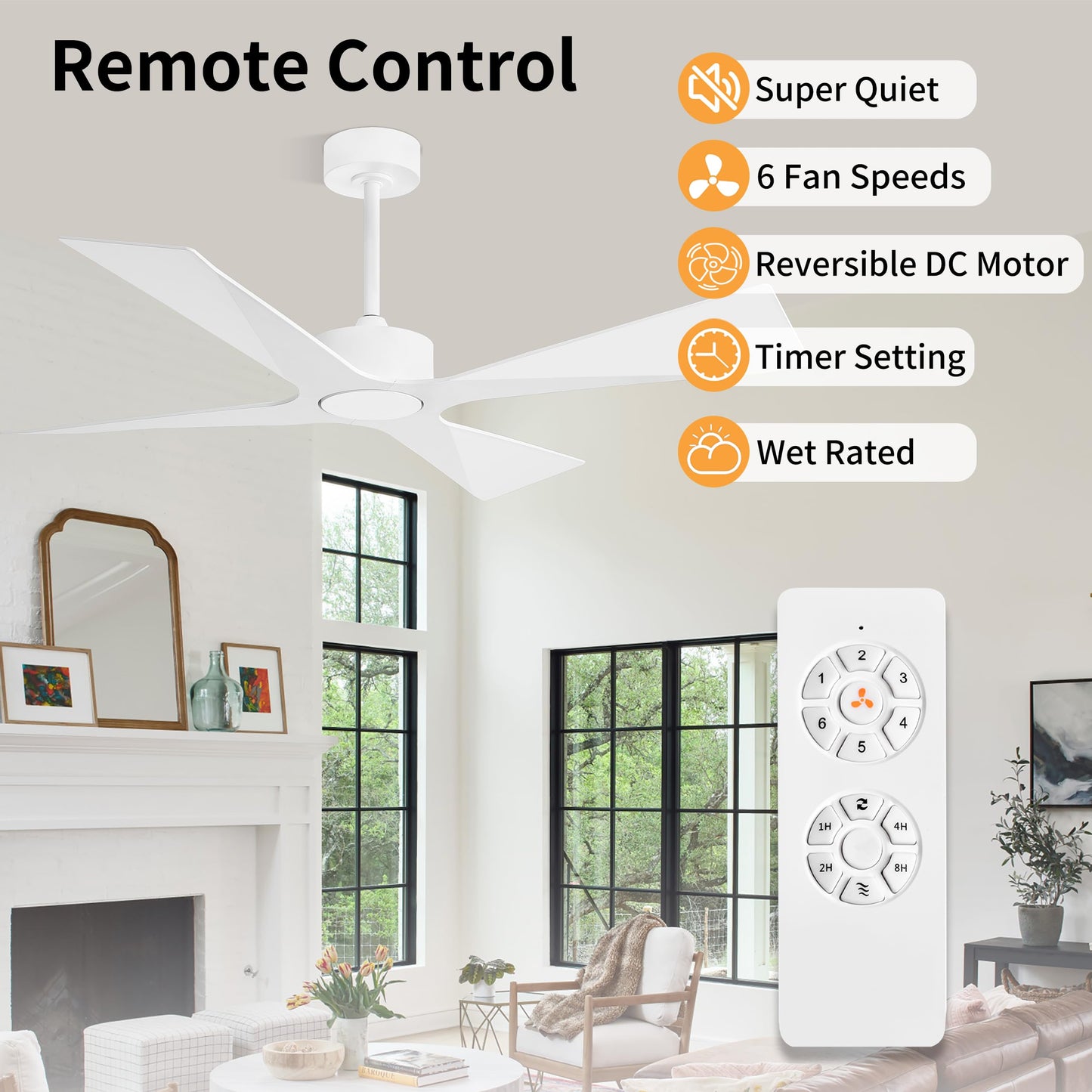 WINGBO 64" Wet Rated Outdoor Ceiling Fan without Lights, 4 ABS Plastic Blades, Reversible DC Motor, 6-Speed Remote Control, Waterproof Ceiling Fan No Lights for Patio Porch Gazebo Garage, White