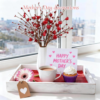 Wootkey 4Pcs Artificial Mother's Gift Decorations Red Heart Berry Stems Heart Shaped Berry Gifts Flowers for Wedding Anniversary Party Supplies Decor