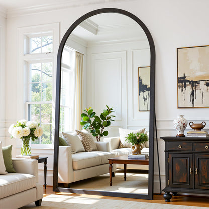 Full Length Mirror 82"×44" Floor Mirror Standing Tall Mirror, Arched Stand up Large Wall Mirrors, Freestanding Full Body Mirrors for Bedroom Living Room Wood Antique Style Black