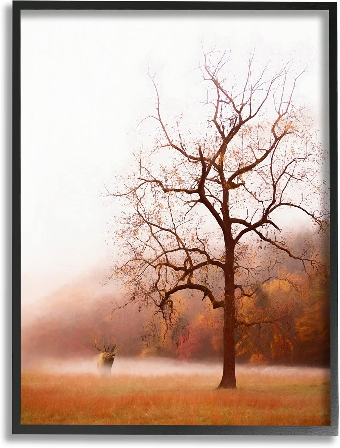 Stupell Industries Autumn Meadow Landscape Wall Art - Moose Elk Red Orange Black Framed Design, 11 x 14