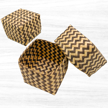 Sticky Rice Basket, Bamboo Rice Container, Kratip Zig Zig Woven 3.5 Inches Steamed Sticky Rice Bowl, Thailand Handmade Serving Basket, Original Bamboo Color, Thai Laos Kratib (Zig Zack Pack of 2)