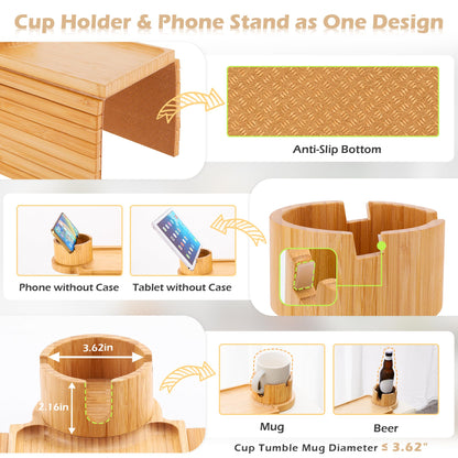GHKINMAL Couch Cup Holder Tray, 3 in 1 Couch Arm Trays,Large Bamboo Chair Arm Rest Tray with 360° Cup Holder,Removable Anti-Slip Organizer for Snack Eating