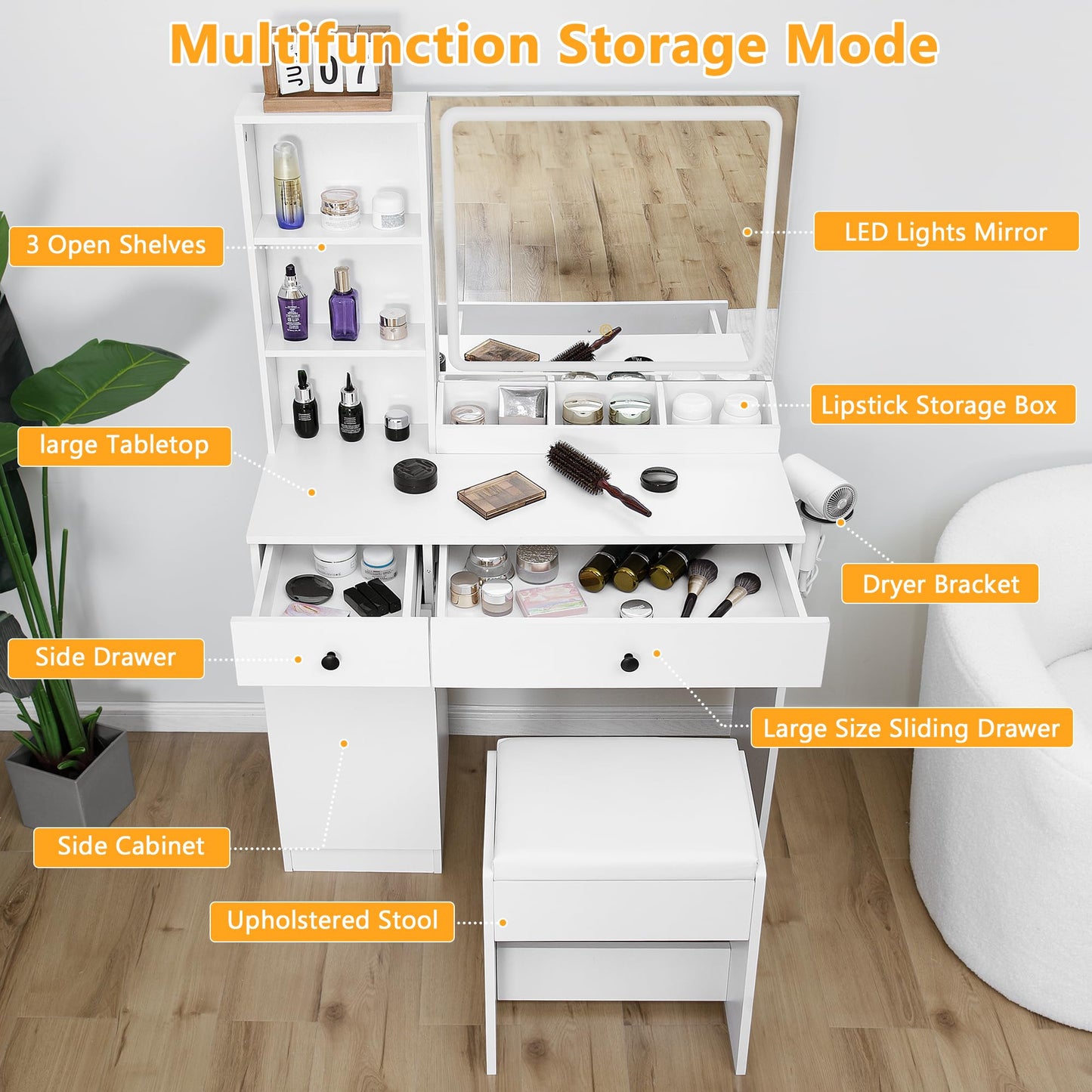KAMABOKO Vanity Desk with Mirror and Lights, Makeup Vanity Table with Drawers & Shelves, Power Outlet, Dressing Table with Jewelry Storage for Bedroom (007 White)