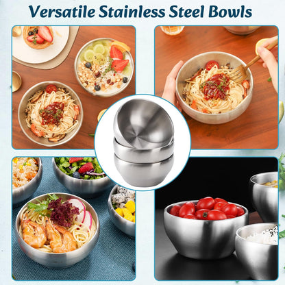 Youeon 3 Pack 28 Oz SUS304 Brushed Stainless Steel Bowls, Double Wall Insulated Bowls, Stainless Steel Soup Bowl for Cereal, Ice Cream, Noodle, 6 Inch Bowl Set for Serving, Dishwasher Safe