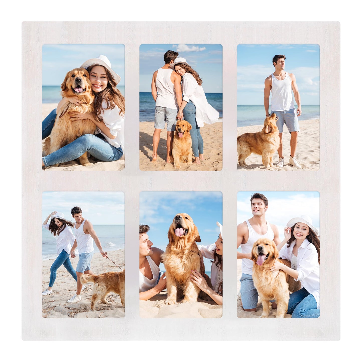YESKAY 4x6 Picture Frame Collage,4 x 6 Multiple Photo Collage with Tempered Glass,6 Opening 4 by 6 Rustic White Family Picture Frames for Wall Decor 1 Pack(OD:13X13in)