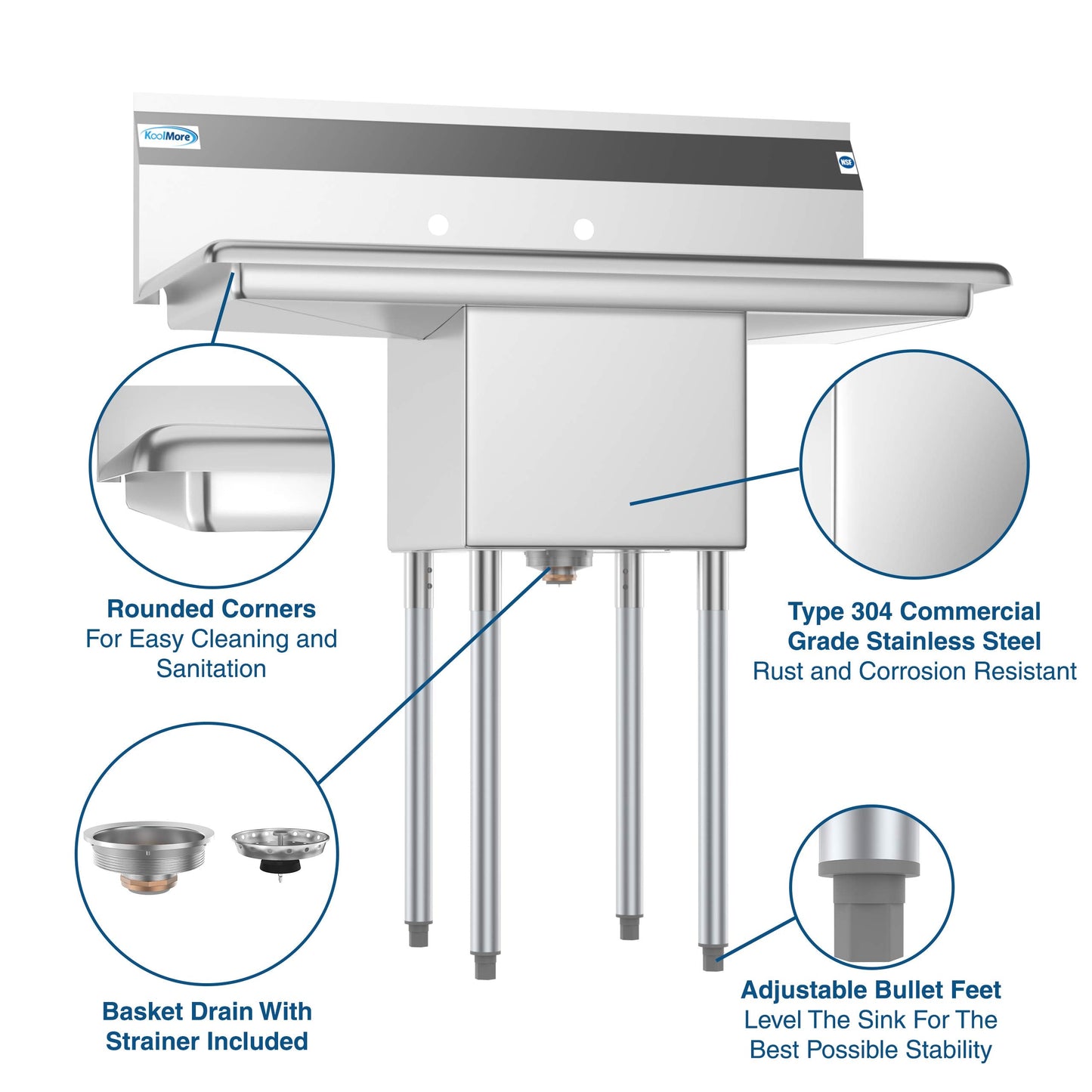 KoolMore 1 Compartment Stainless Steel NSF Commercial Kitchen Prep & Utility Sink with 2 Drainboards - Bowl Size 14" x 16" x 11", Silver