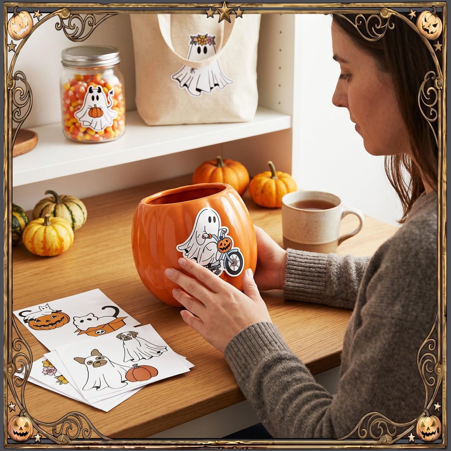 Harloon 15 Sheets Halloween Classical Ghost Rub on Transfers for Crafts Furniture Wood Ornaments Ghost and Cat Dog Stickers Rub on Decals for Halloween Scrapbook DIY Wood Fabric Journal Envelope