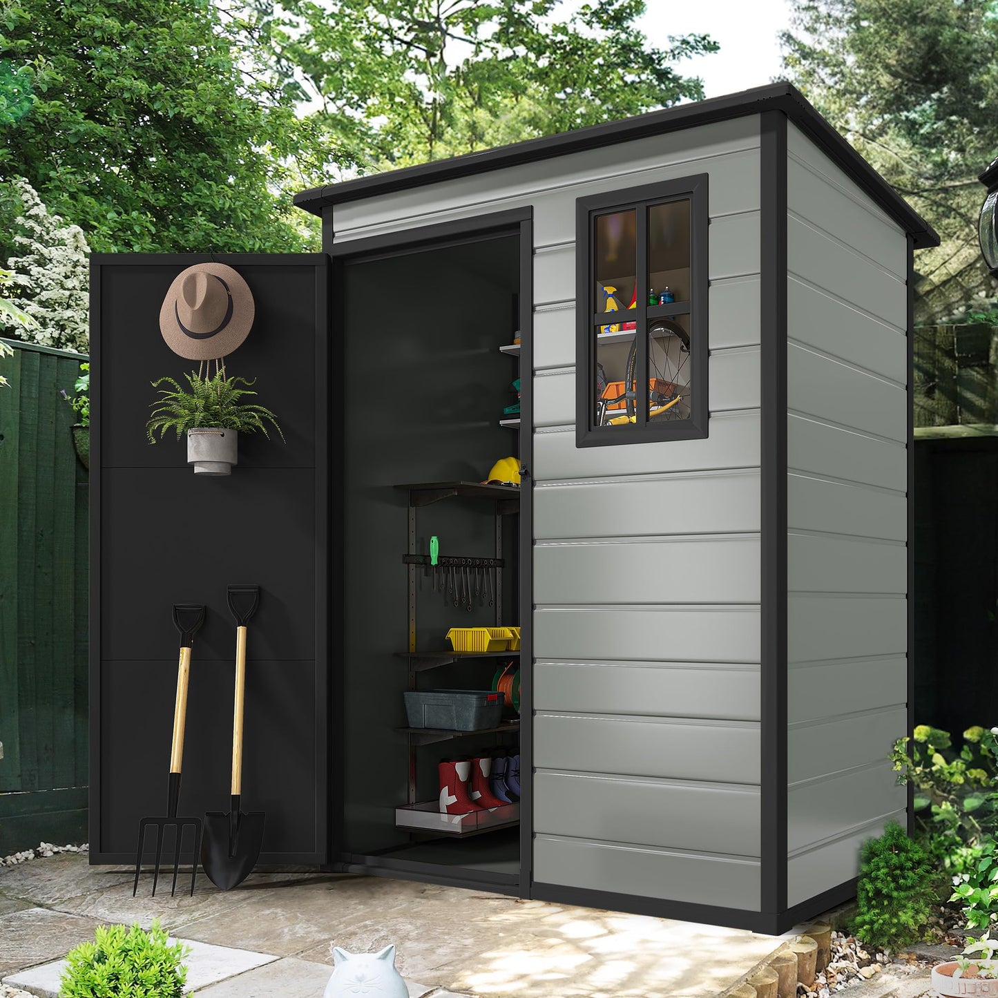 DWVO 5x3 FT Outdoor Storage Shed with Floor, All-Weather Resin Storage Shed with Lockable Door & Window, Waterproof Plastic Tool Storage for Garden, Backyard, Patio, Lawn,Blue-Gray+Black