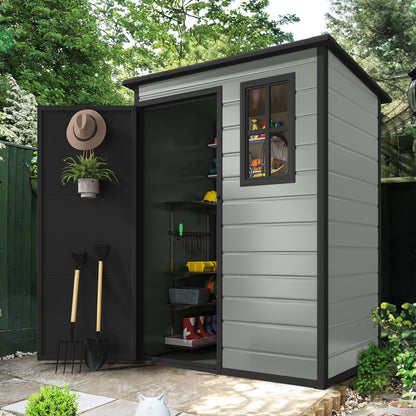 DWVO 5x3 FT Outdoor Storage Shed with Floor, All-Weather Resin Storage Shed with Lockable Door & Window, Waterproof Plastic Tool Storage for Garden, Backyard, Patio, Lawn,Blue-Gray+Black