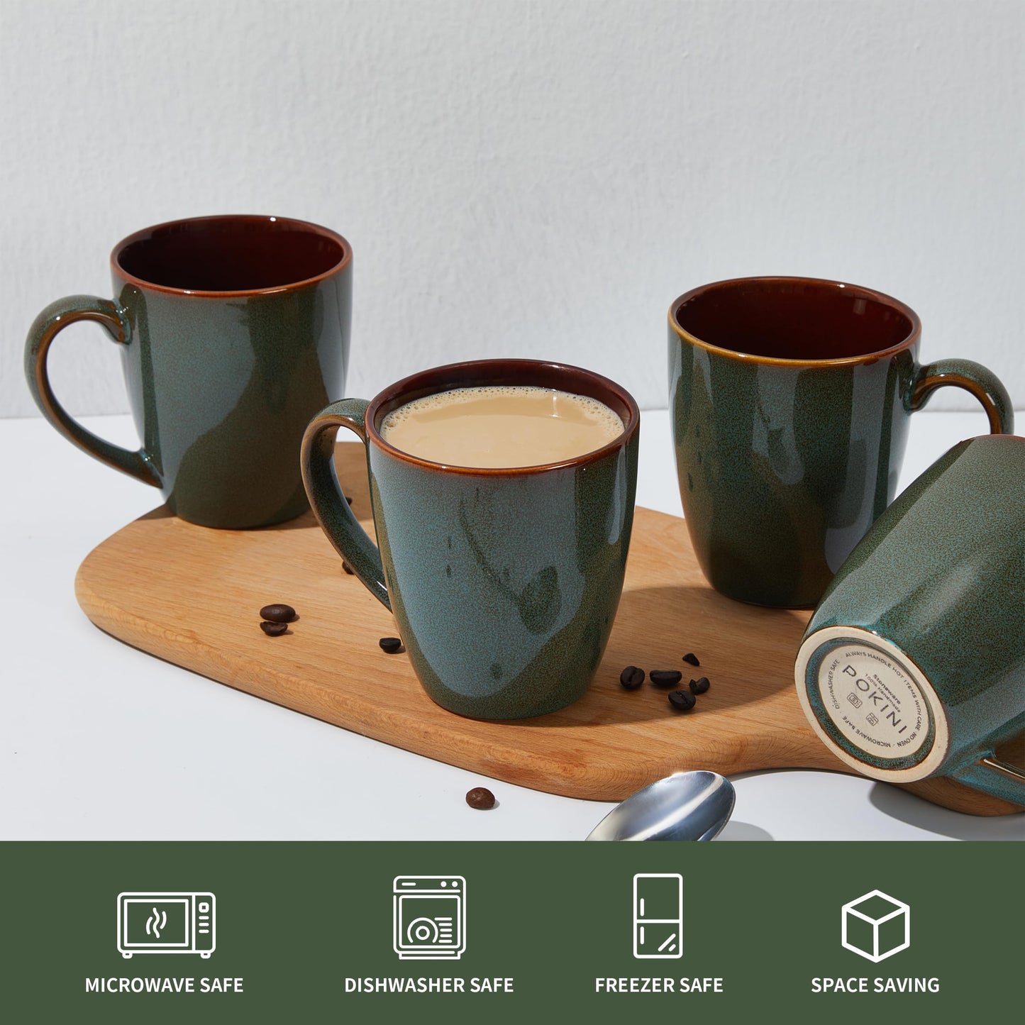 Pokini Coffee Mug 14 oz, Ceramic Coffee Mugs Set of 4, Reactive Glaze Mug for Latte/Tea/Cappuccino, Large Stackable Mug Set for Men, Women, Dad, Mom, Dishwasher & Microwave Safe, Brown Green
