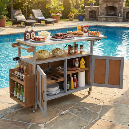 Merax 60.6" Outdoor Mobile Kitchen Island on Wheels with Stainless Steel Tabletop, Foldable Patio Grill Cart Table with Large Storage Cabinet and Towel Rack for Backyard, Garden, Espresso