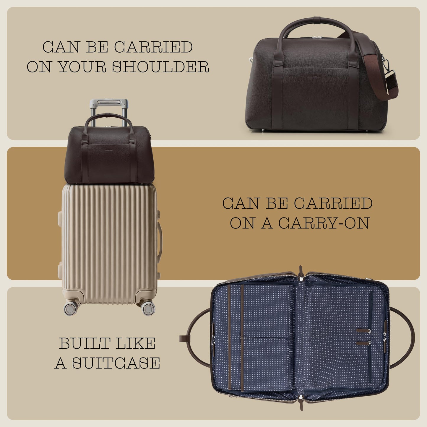 Wool & Oak Duffle Suitcase – Full-Grain Leather Travel Bag with Clamshell Opening, 33 L Capacity, Trolley Sleeve & 16″ Laptop Pocket – “DS Carry” Personal-Item Size - Pebble Leather - Chocolate