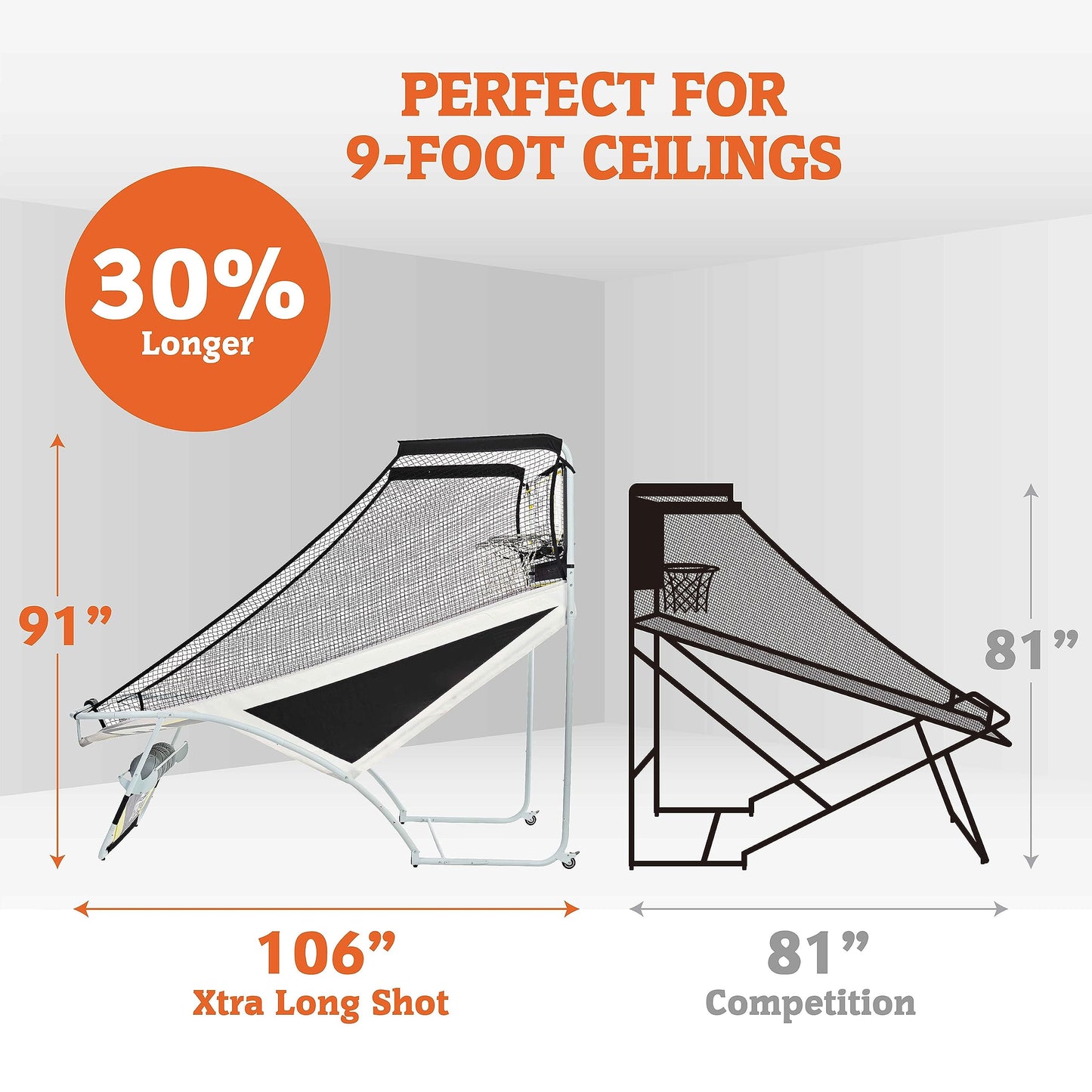 Hall of Games Xtra Long Shot EZ-Fold Premium Arcade Basketball Game with Built-in 4-Ball Storage Rack, Pop Off with The Perfect Basketball Game