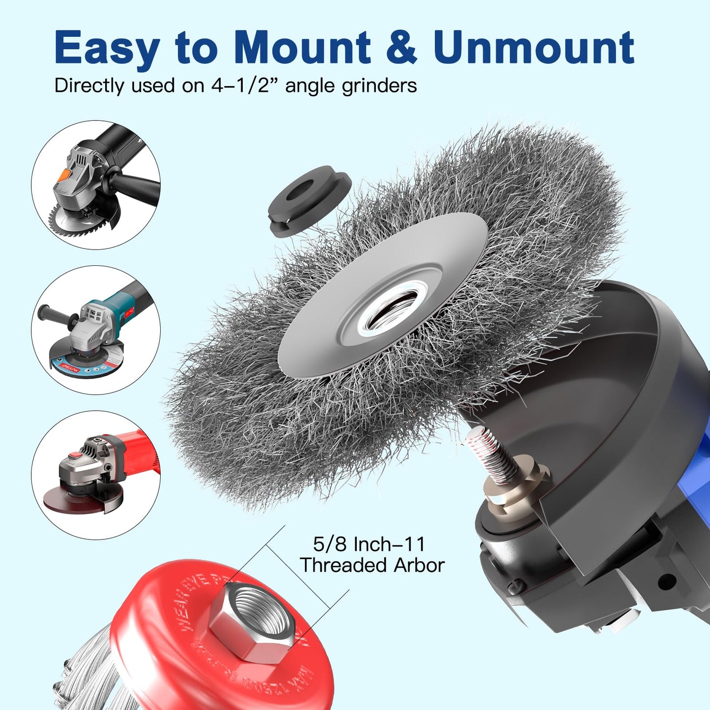 BURMONG 7 PCS Wire Wheel Brush for 4-1/2" Angle Grinder, Carbon Steel Knotted & Crimped Cup/Wheel Brushes (3" & 4"), Heavy Duty Rust, Paint, Corrosion Removal, 5/8"-11 UNC Threaded Arbor