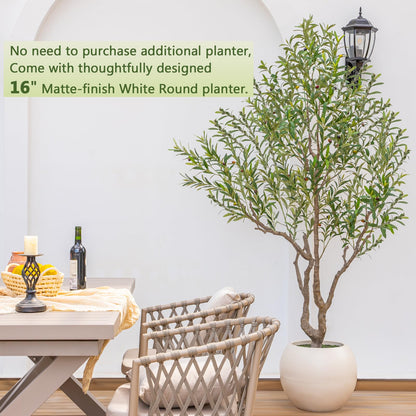 Artificial Olive Tree 8FT Tall Faux Olive Tree Premium Artificial Indoor with Natural Wood Trunk and Lifelike Fruits Realistic White Round Planter Potted for Home Office Living Room Decor