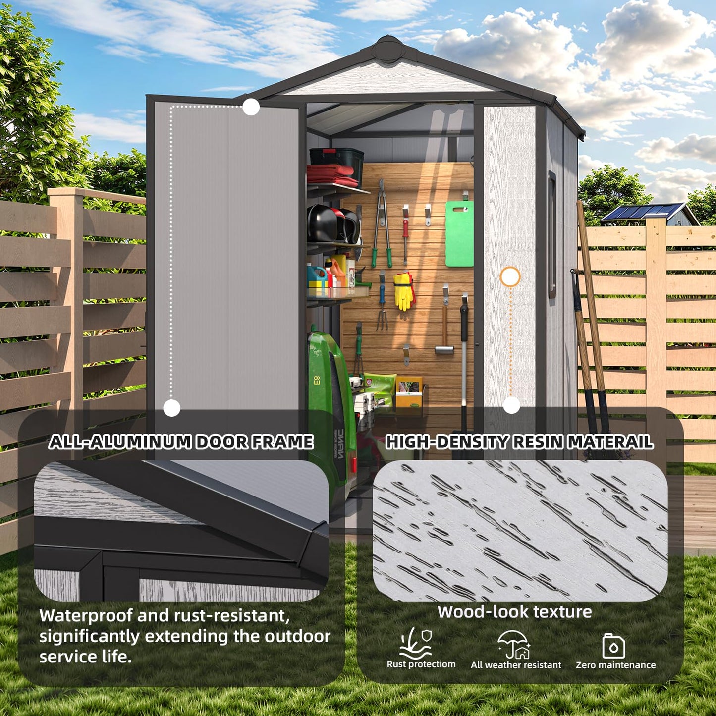 MELLCOM 4 x 6 FT Resin Outdoor Storage Tool Shed with Floor, Plastic Outdoor Storage Shed with Windows and Lockable Door, Garden Shed for Lawnmower, Pool Supply, Bike