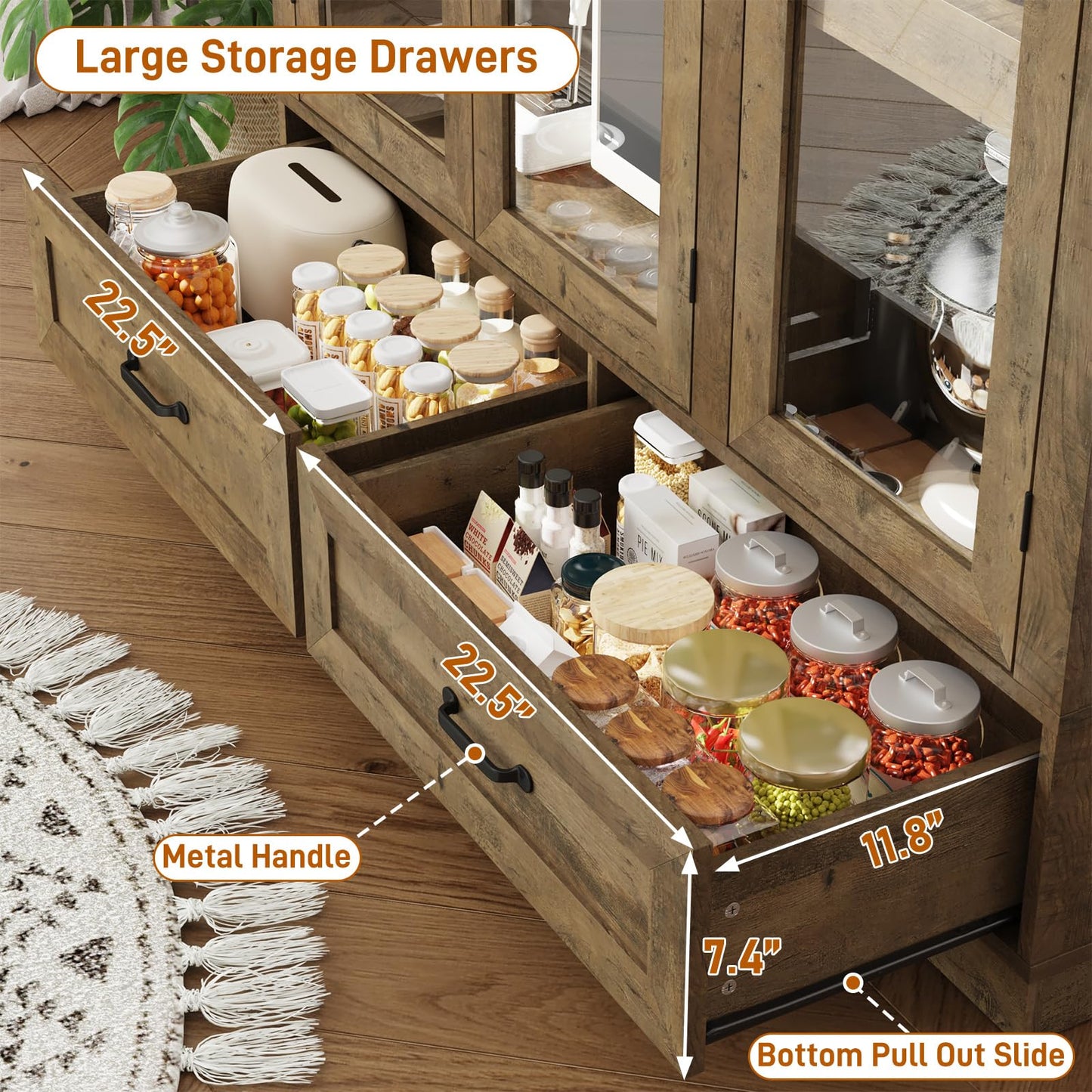 chartustriable 73" Tall Arched Kitchen Pantry Cabinet w Load-Bearing Steel Pipe,Modern Farmhouse Kitchens Storage Cabinet with Drawer and Glass Doors,Tall Arched Bookcase,Pantry Organizer(Natural)