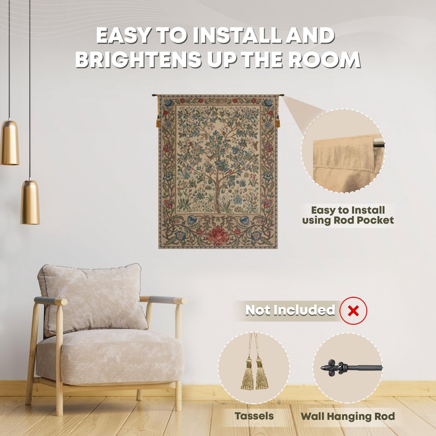 C Charlotte Home Furnishings Inc The Tree Of Life Beige Belgian Medium Tapestry Wall Hanging | Viscose Cotton and Polyester Blend Wall Art | 43 in. x 57 in. | Home Decor Accents | By William Morris