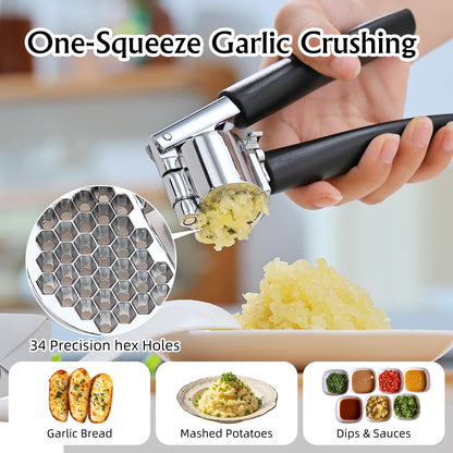 Garlic Press Mincer, Crusher Set with Removable Chamber - Ergonomic Handle, Dishwasher Safe, Easy to Clean for Kitchen, Cooking, Restaurants