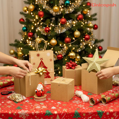 UnicoPak 30 Pack 5x5x5 Small Gift Boxes with Lids & Twine - Premium USA Kraft Cardboard - Pop-Up Easy Assembly Gift Boxes for Mugs, Candles, Ornaments & Christmas