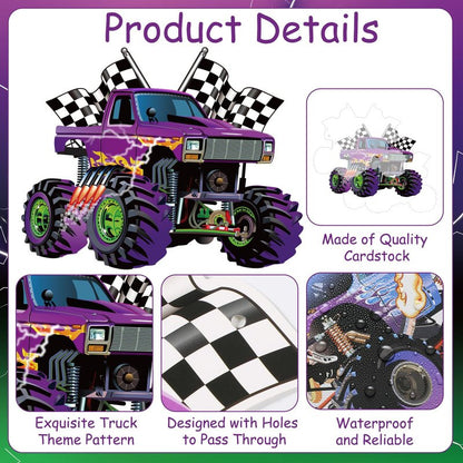 Pasimy 4 Pcs Monster Truck Birthday Banner Cars Truck Garland Black and White Checkered Flags Pennants Green Purple Happy Birthday Bunting Racing Car Theme Party Decorations Supplies