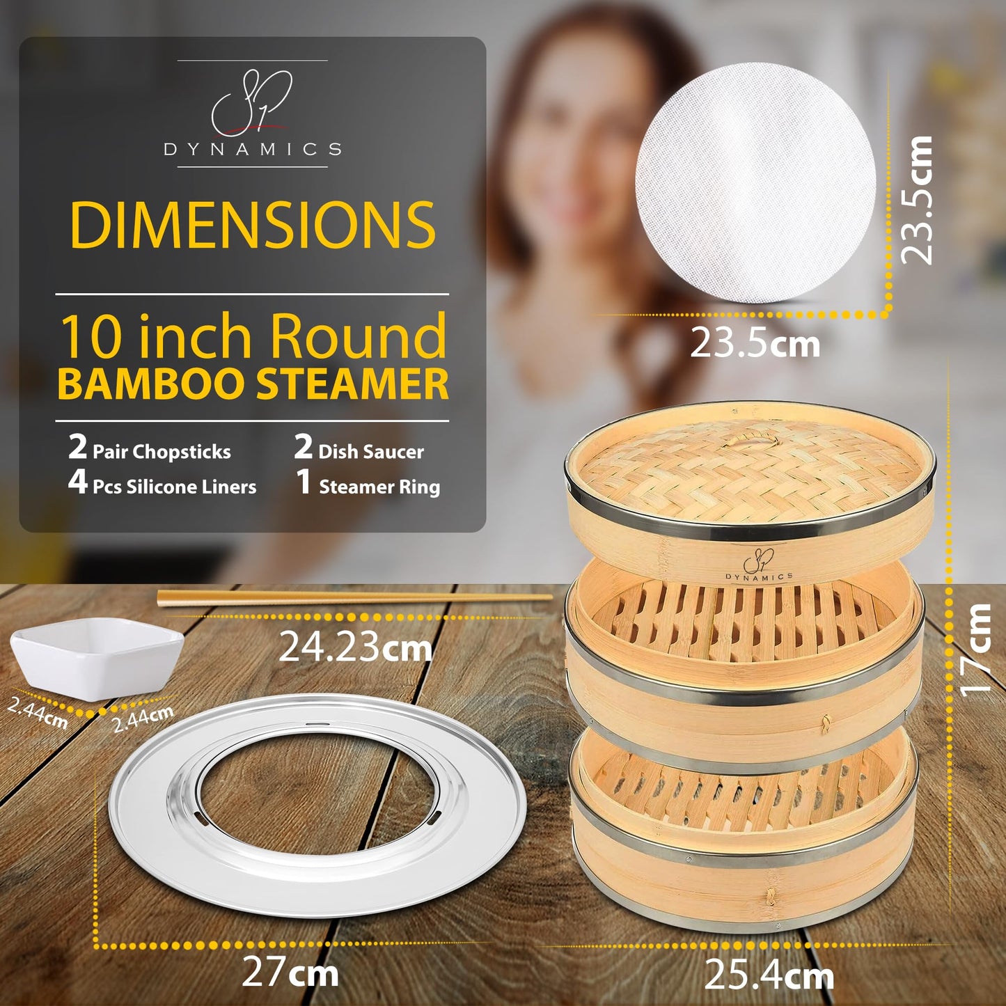 SP DYNAMICS Bamboo Steamer Basket Set Chinese Cuisine 10-inch 2 Tiers Vegetable Steaming Basket for Cooking with Chopsticks, Sauce Dishes, and Reusable Liners - Dumpling Steamer Baskets