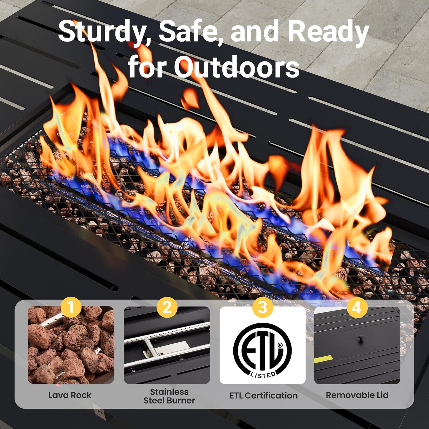 FansaFurn 43” Outdoor Propane Fire Table Set with Heavy-Duty Glass Stones, Glass Wind Guard, Lid & Water-Resistant Cover, 50,000 BTU Metal Fire Pit Table, Rectangle Fire Pit Table for Deck, Patio