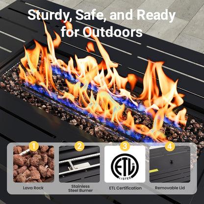FansaFurn 43” Outdoor Propane Fire Table Set with Heavy-Duty Glass Stones, Glass Wind Guard, Lid & Water-Resistant Cover, 50,000 BTU Metal Fire Pit Table, Rectangle Fire Pit Table for Deck, Patio