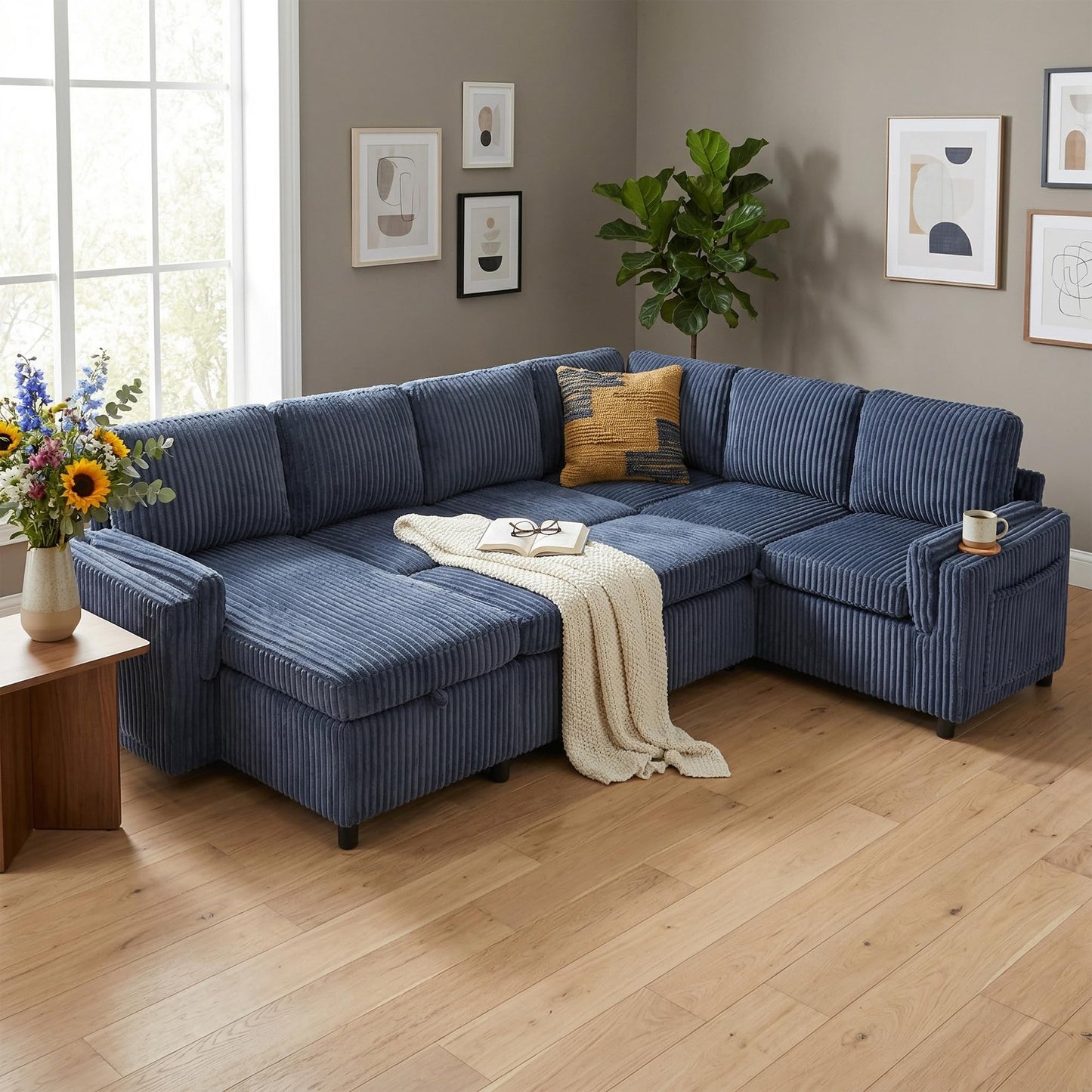 Merax Modern 111 Inch U-Shaped Convertible Sofa with USB Ports and Storage, Corduroy 6-Seat Sectional Pull Out Sleeper Sofa Bed with Chaise Lounge, Couch Set for Living Room, Blue