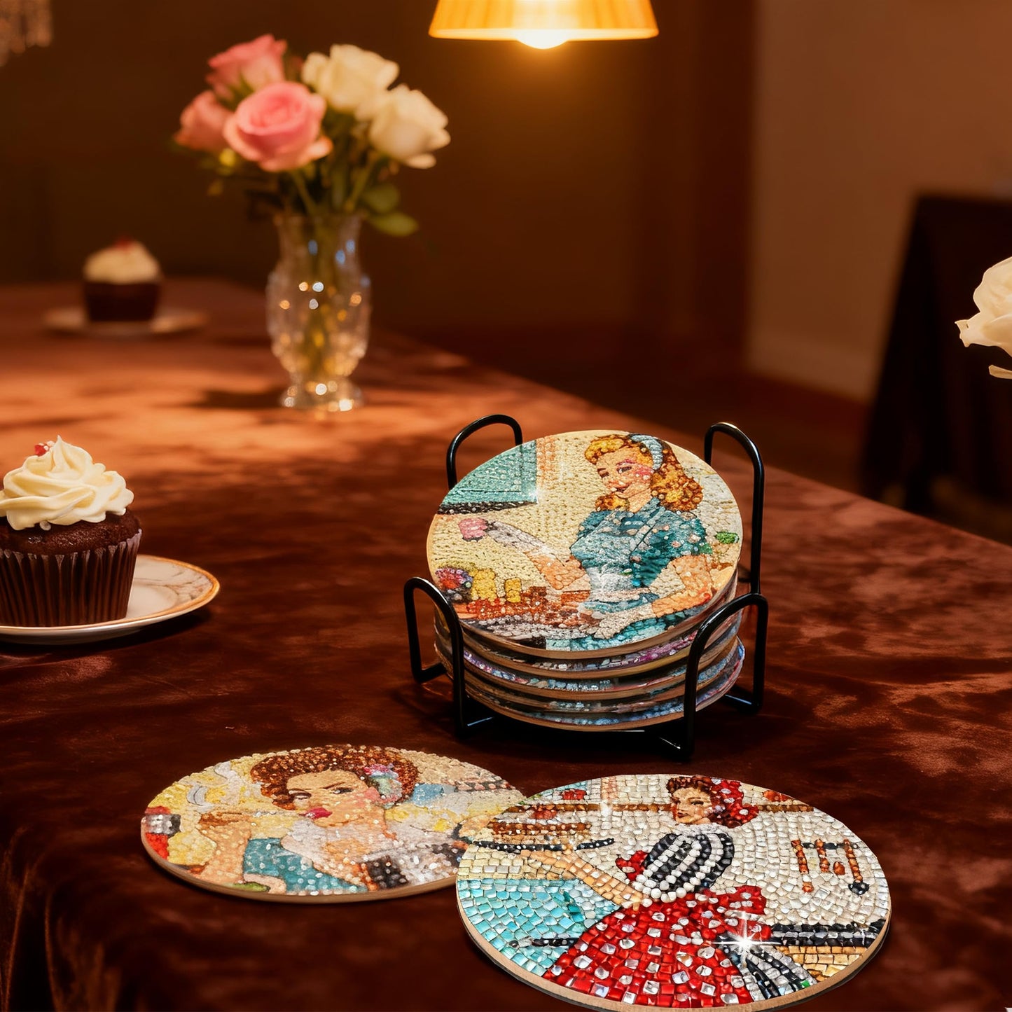 Eimilaly 8 Pcs Retro Pin-up Girl Diamond Painting Coasters with Holder for 70s 80s 90s Disco Party Decor, Suit for Beginners Kids Adults