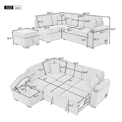 Ball & Cast 84" Convertible Sectional Sofa Bed,L-Shaped Sleeper Couch w/Storage Ottoman,Cup Holder and Charging Stations,Put Out Sofas w/Chaise,for Living Room and Small Apartment,Black